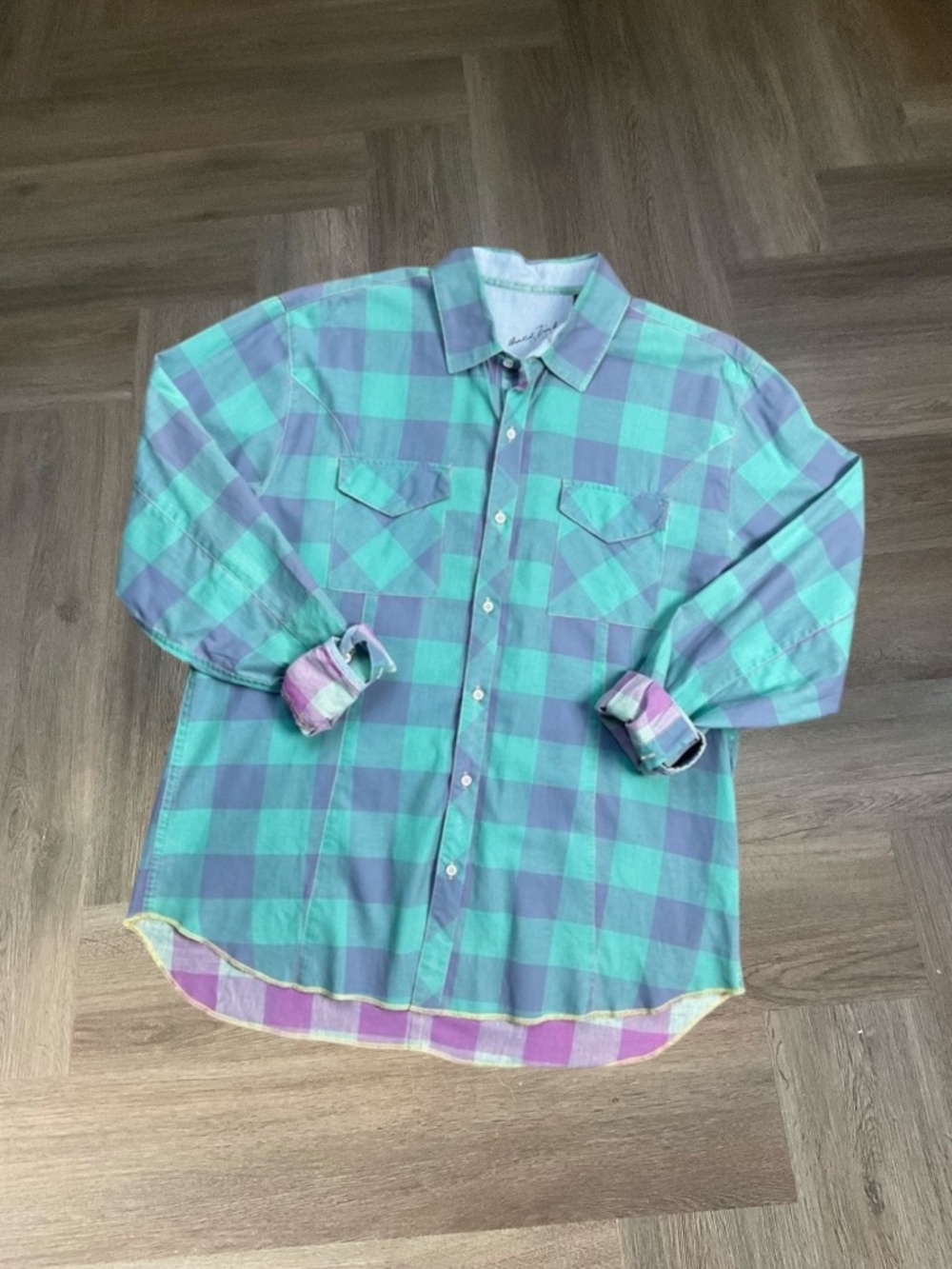 Arnold Zimberg Madras Plaid Long Sleeve Button Up Shirt Mens Large Teal Purple